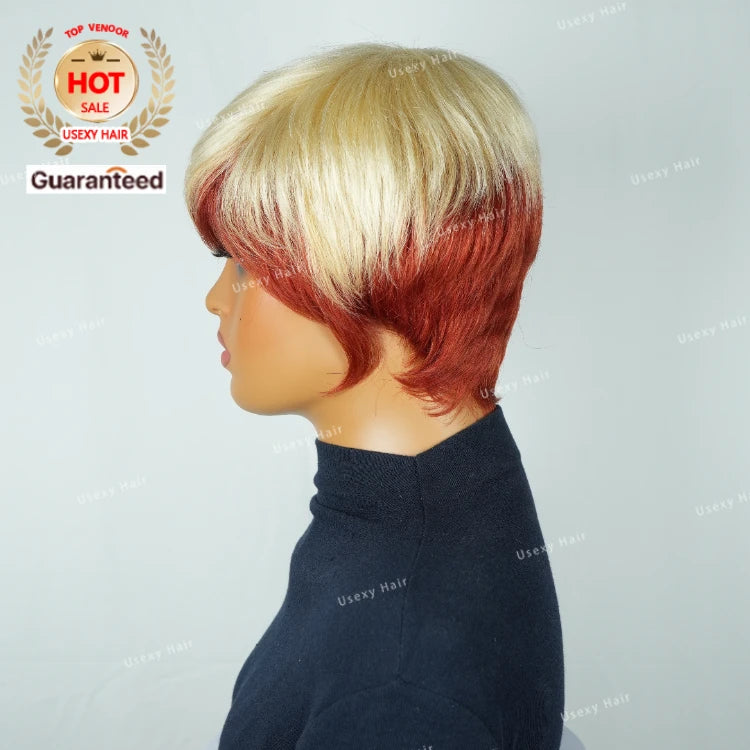 Short Straight Bob Wig Pixie Cut Wig Human Hair With Bangs Brazilian Virgin Hair Non Lace Front Cheap Wig