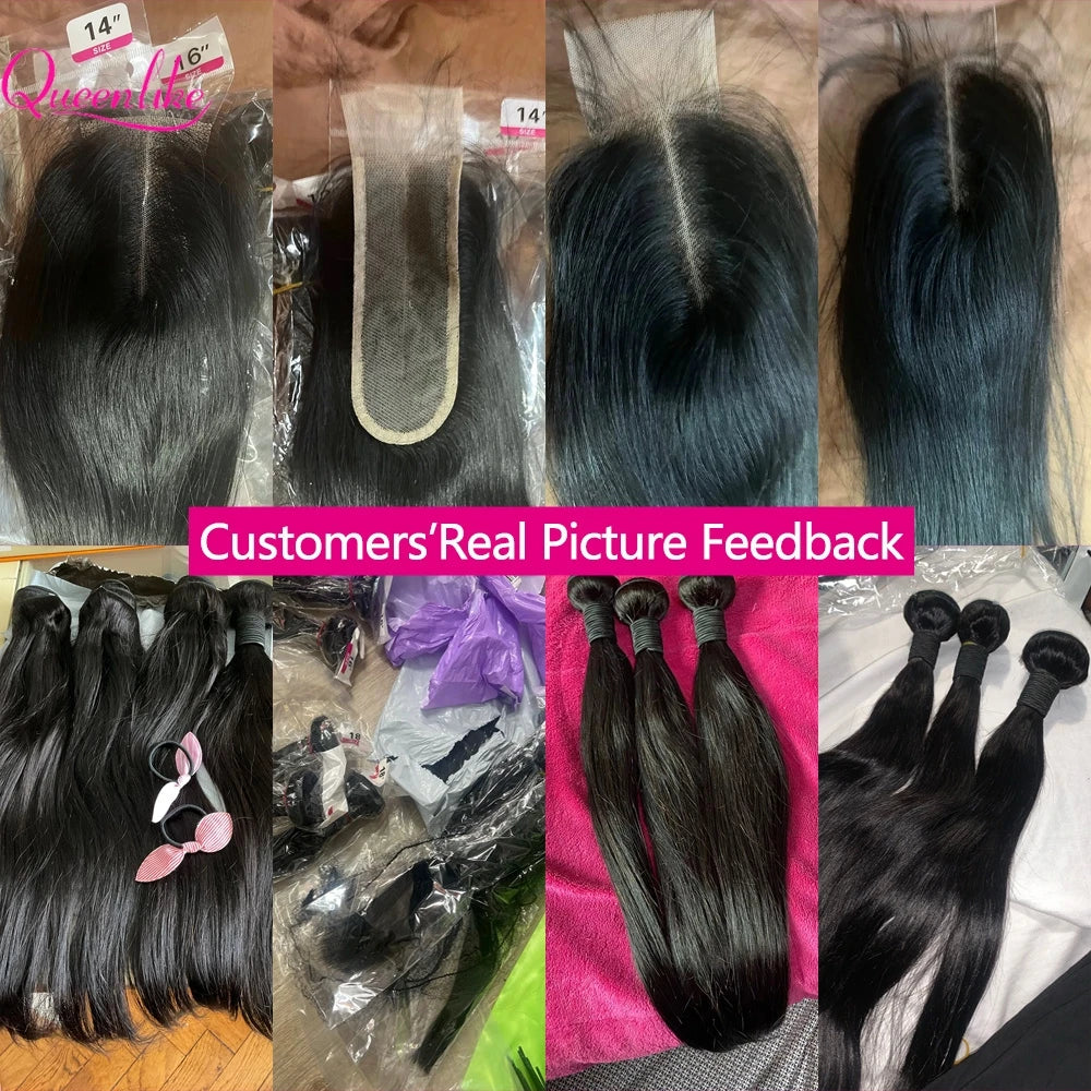 Queenlike Straight Human Hair Bundles with 2x6 Deep Middle Part HD Lace Closure 12A Brazilian Raw Hair Bundles with Closures