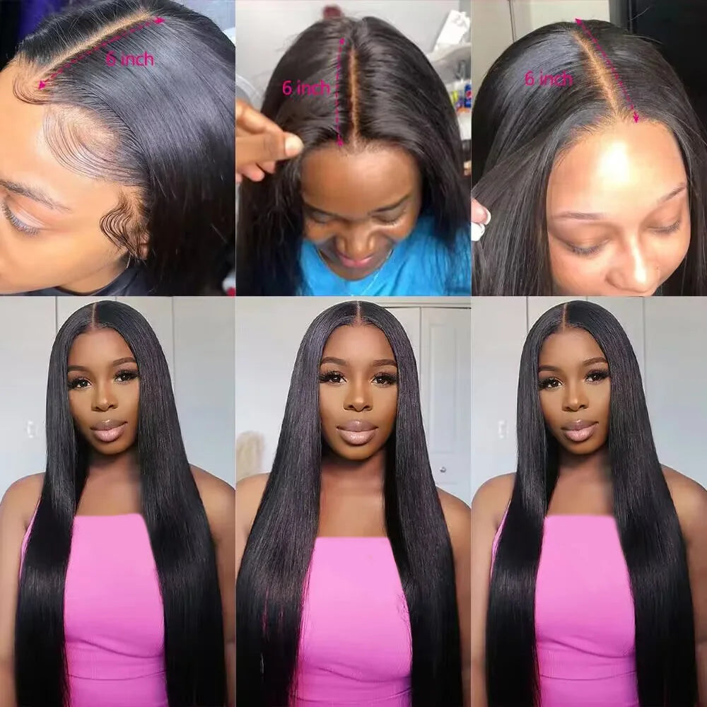 Queenlike Straight Human Hair Bundles with 2x6 Deep Middle Part HD Lace Closure 12A Brazilian Raw Hair Bundles with Closures