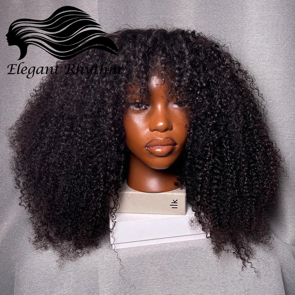 Afro Kinky Curly Human Hair Wigs With Bangs 200% Density Remy Human Hair Glueless Wig Afro Curly Fringe Wigs for Black Women