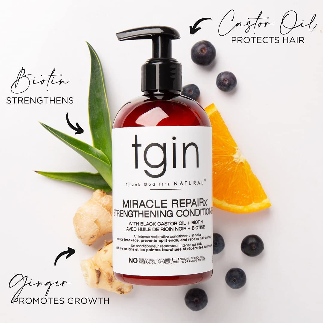Tgin Miracle Repairx Strengthening Shampoo and Conditioner Duo for Curly, Coily and Wavy Hair, with Biotin and Black Castor Oil, Repairs and Restores Damaged, Color-Treated Hair, 13 Oz (Set)