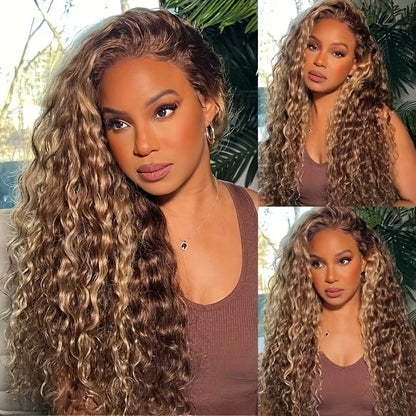 Honey Blonde Ombre Wig P4/27 Highlight Long Deep Wave 28in