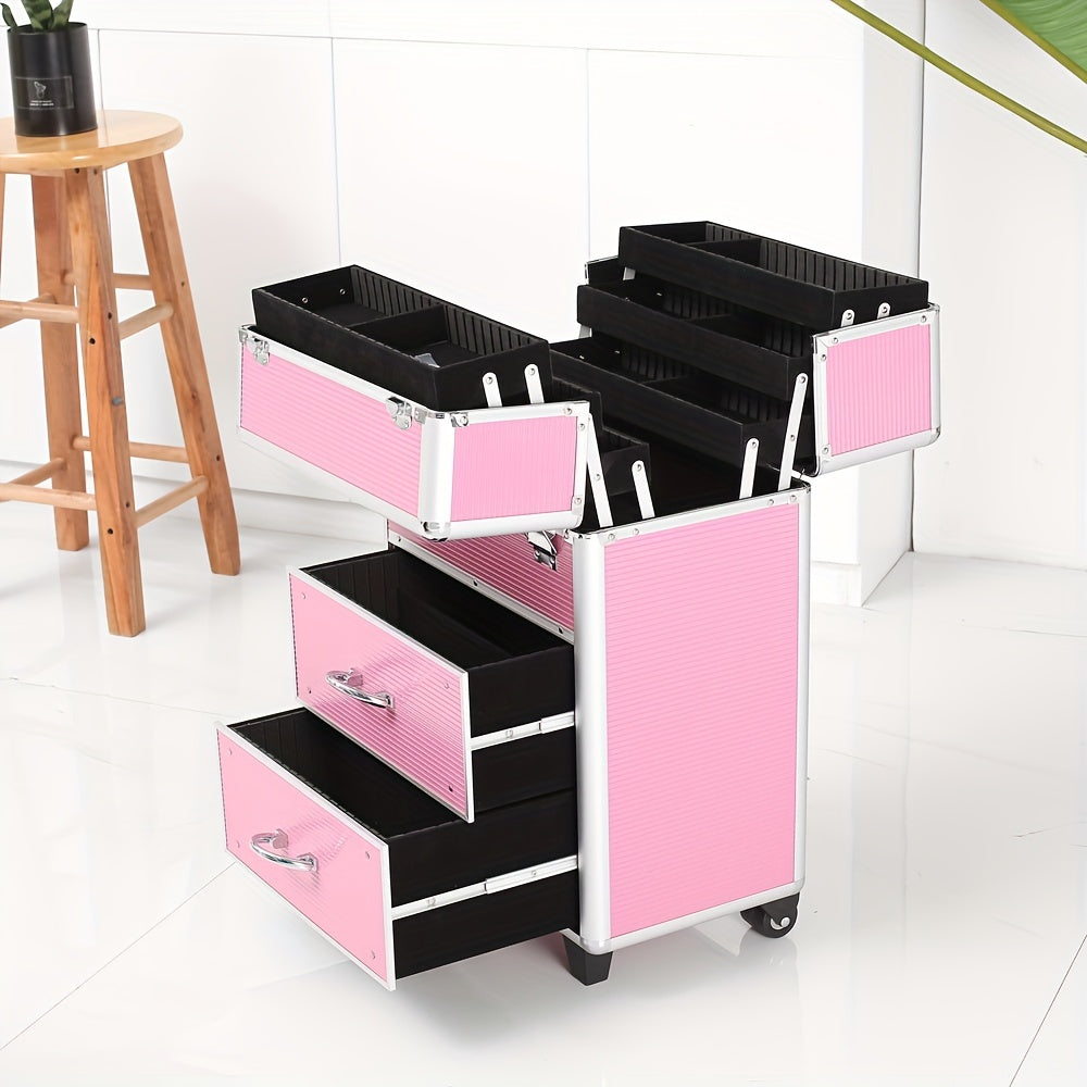 4-tier Lockable Cosmetic Makeup Train Case With Extendable Trays Pink For Beauty Salon