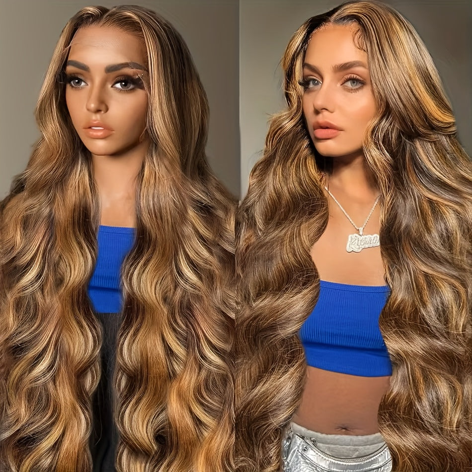 You Been to the Salon - Honey Blonde/Brown Ombre Body Wave/ Straight Hair with 13x6x1 T-Lace, Pre Plucked & Bleached, Invisible Knots (P4/27 Color Match)