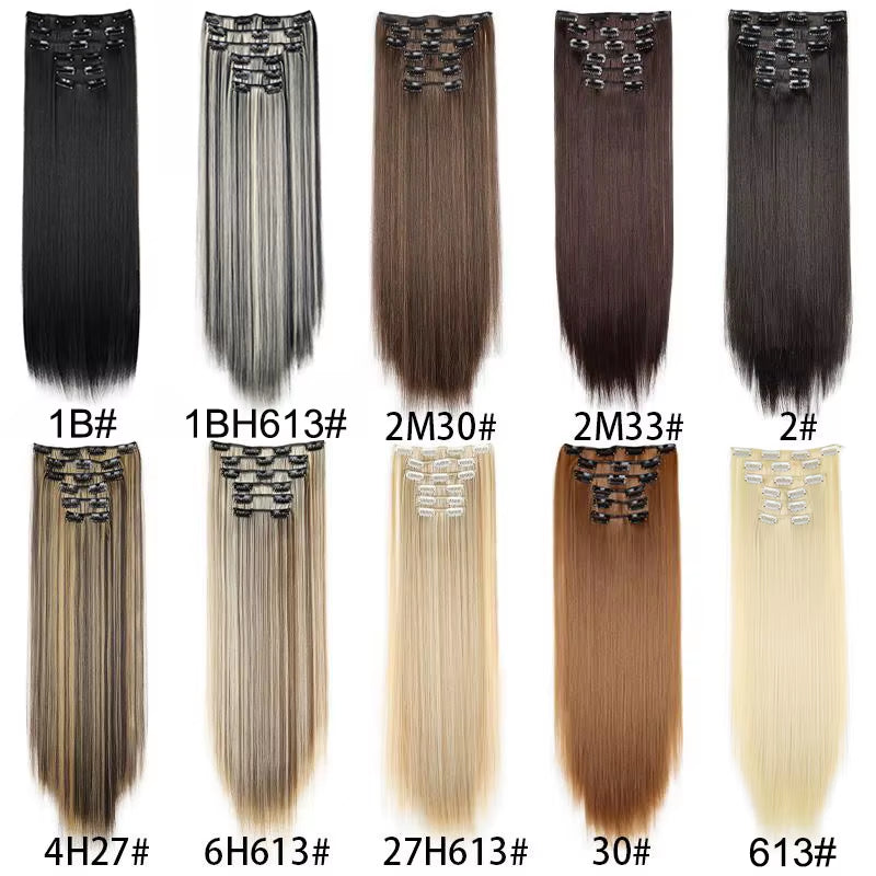 Synthetic 6Pcs/Set Long Straight Hair Extensions Ultra-Invisible Full Head Clip in Hair Extensions 24Inch for Women Daily Wear
