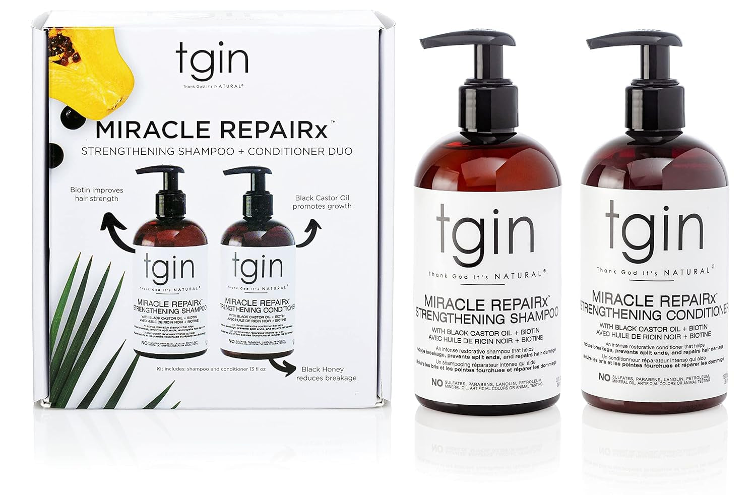 Tgin Miracle Repairx Strengthening Shampoo and Conditioner Duo for Curly, Coily and Wavy Hair, with Biotin and Black Castor Oil, Repairs and Restores Damaged, Color-Treated Hair, 13 Oz (Set)