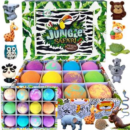 Bath Bombs for Kids with Surprise Inside, 12 Bubble Bath Fizzies with Jungle Animal Toys. Moisturizing, Gentle & Kids Safe, Rainbow Spa Bath Fizz, Birthday Gift Easter Basket Essentials for Boy Girls