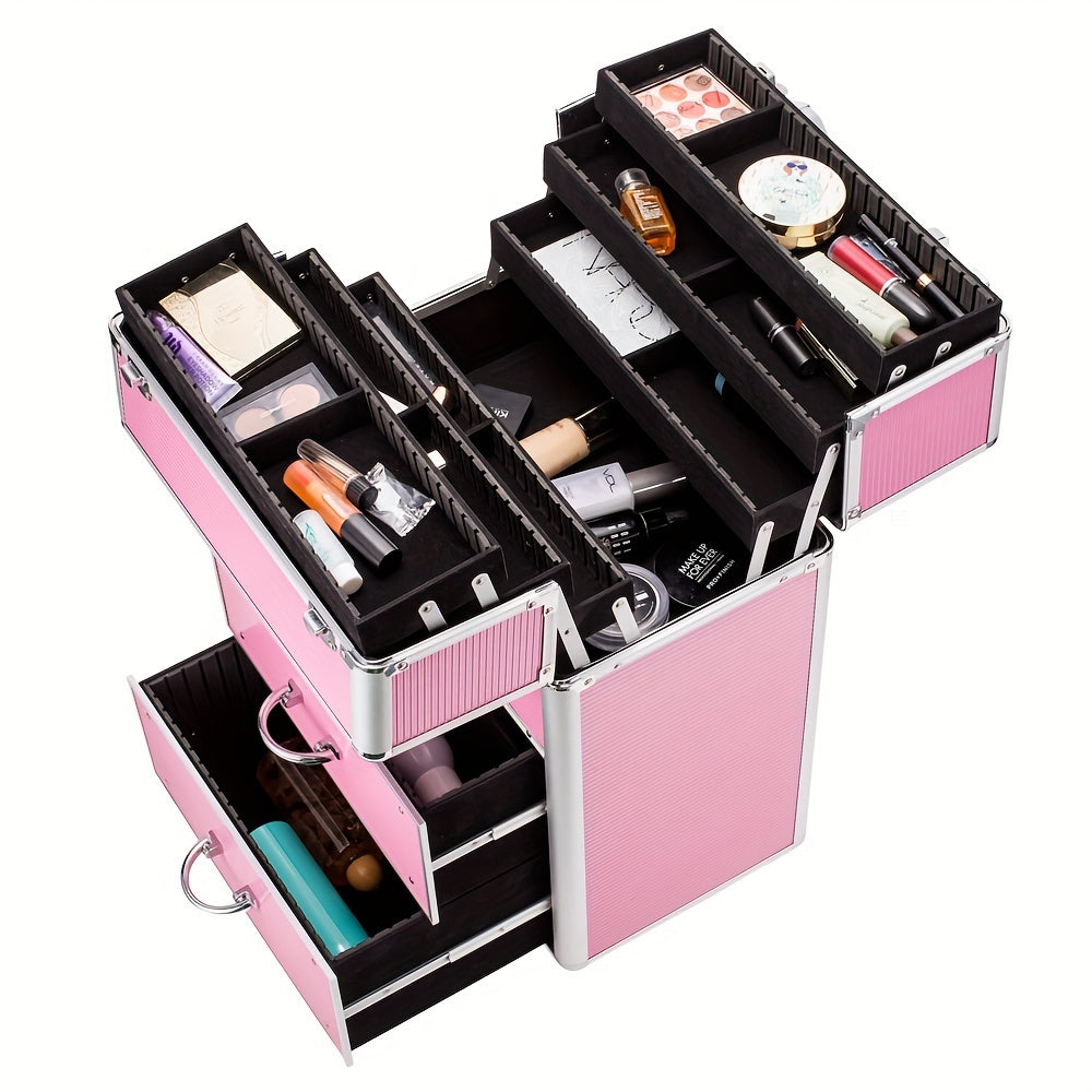 4-tier Lockable Cosmetic Makeup Train Case With Extendable Trays Pink For Beauty Salon
