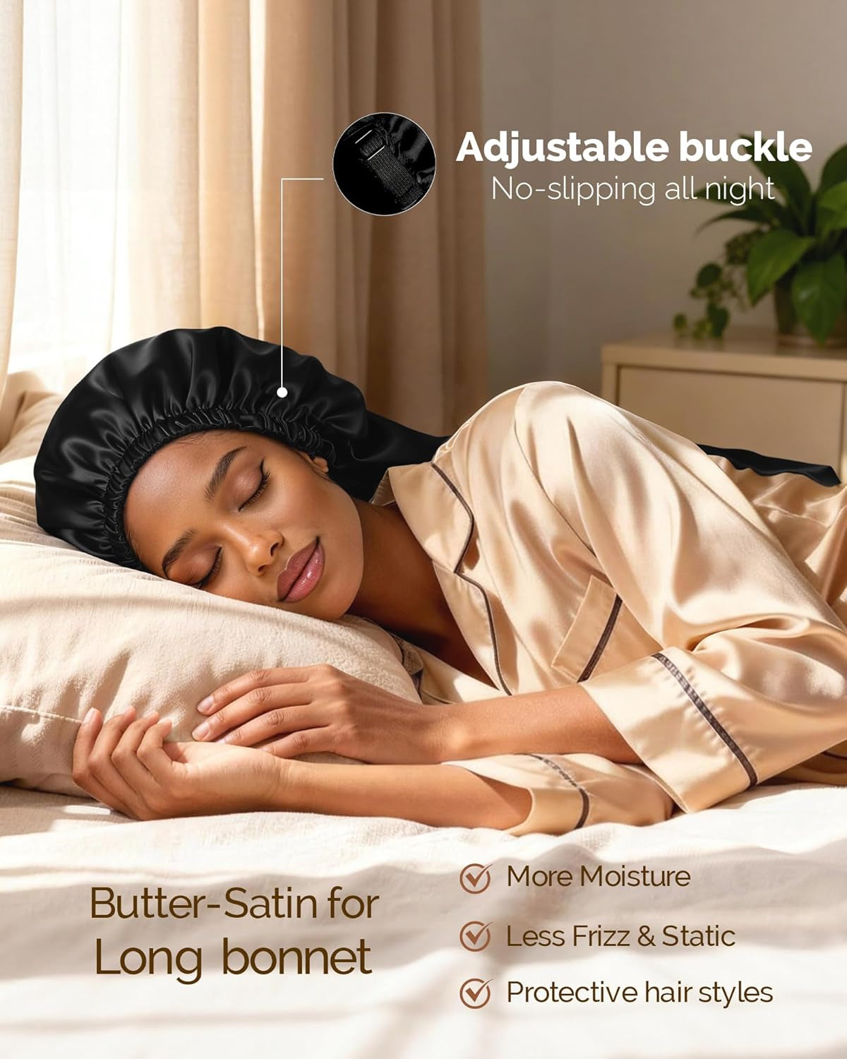 Satin Sleep Bonnet for Natural Hair - Extra Double Layer Long Adjustable Silk Hair Bonnet for Braids, Locs, Curls - Women’S Night Hair Protection Cap