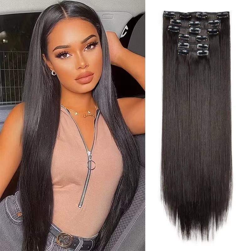 Synthetic 6Pcs/Set Long Straight Hair Extensions Ultra-Invisible Full Head Clip in Hair Extensions 24Inch for Women Daily Wear