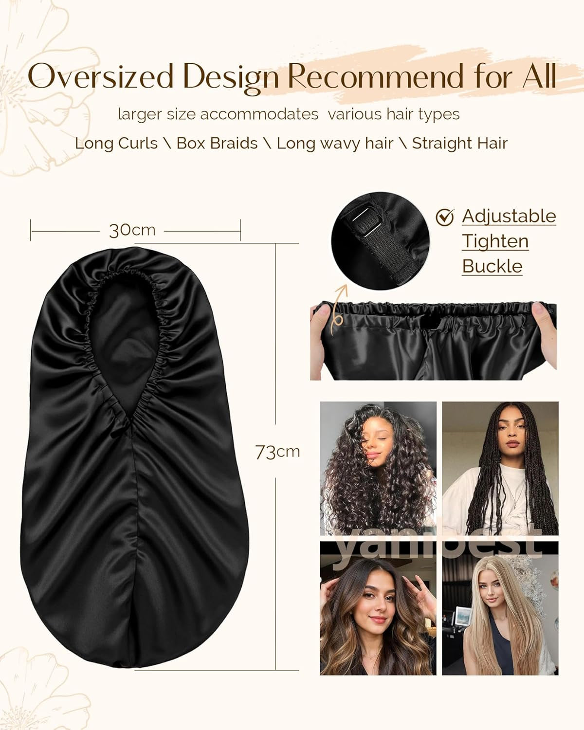 Satin Sleep Bonnet for Natural Hair - Extra Double Layer Long Adjustable Silk Hair Bonnet for Braids, Locs, Curls - Women’S Night Hair Protection Cap