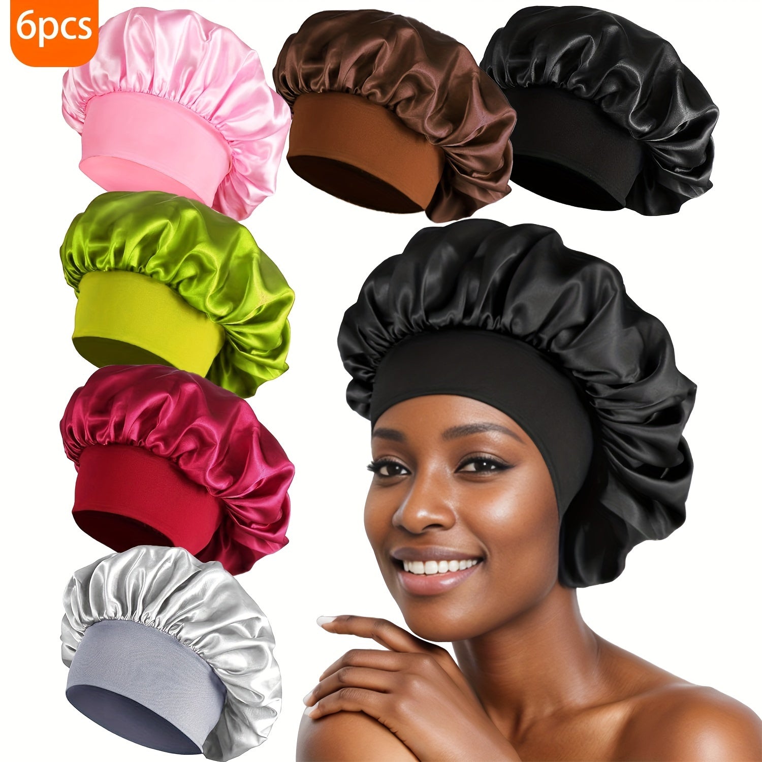 6pcs Soft Satin Sleep Bonnets - Skullies & Beanies for Women, Comfortable Night Hair Protection, Breathable Elastic Band Hair Care Cover for Sleeping, Gentle Hair Accessories for Beauty Sleep
