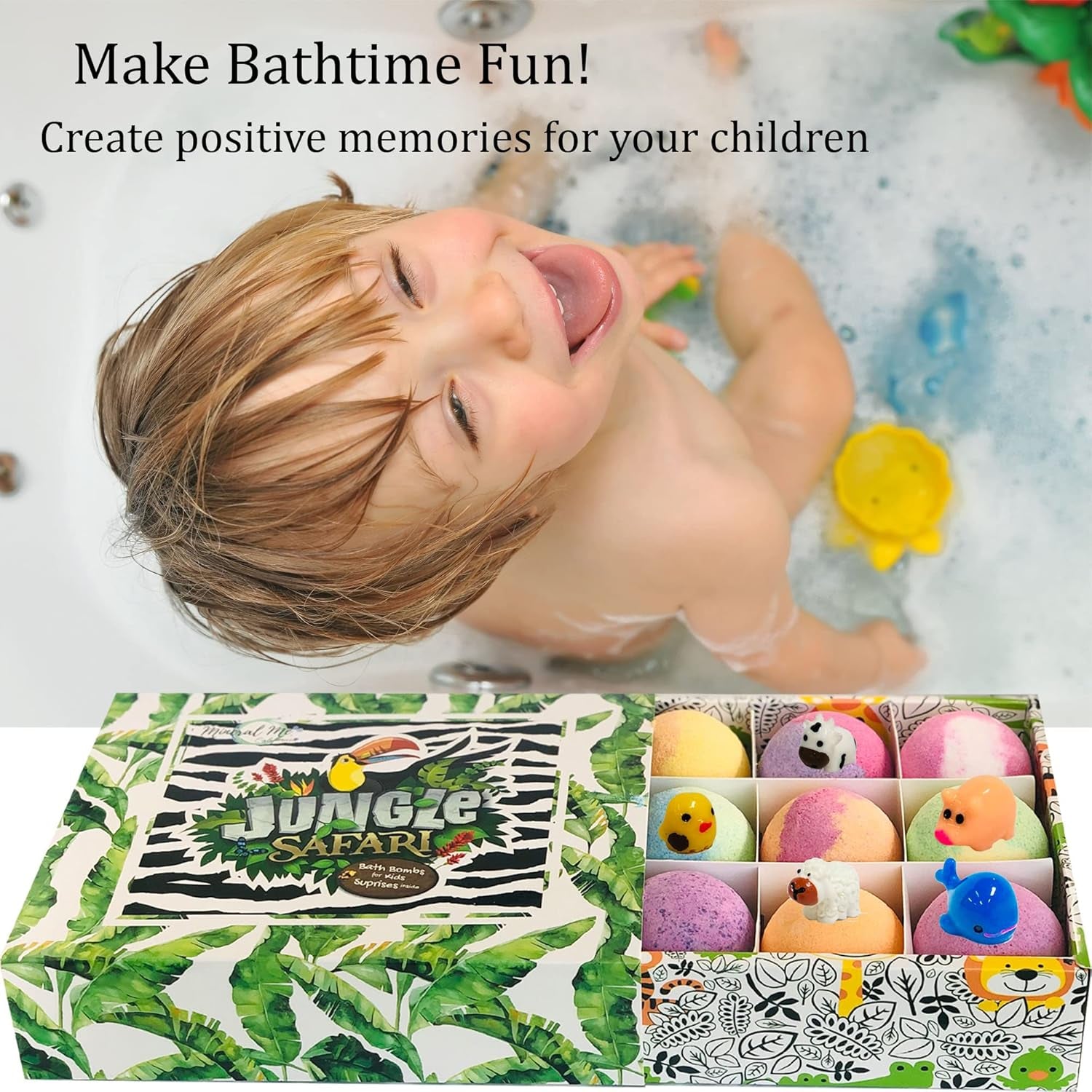 Bath Bombs for Kids with Surprise Inside, 12 Bubble Bath Fizzies with Jungle Animal Toys. Moisturizing, Gentle & Kids Safe, Rainbow Spa Bath Fizz, Birthday Gift Easter Basket Essentials for Boy Girls