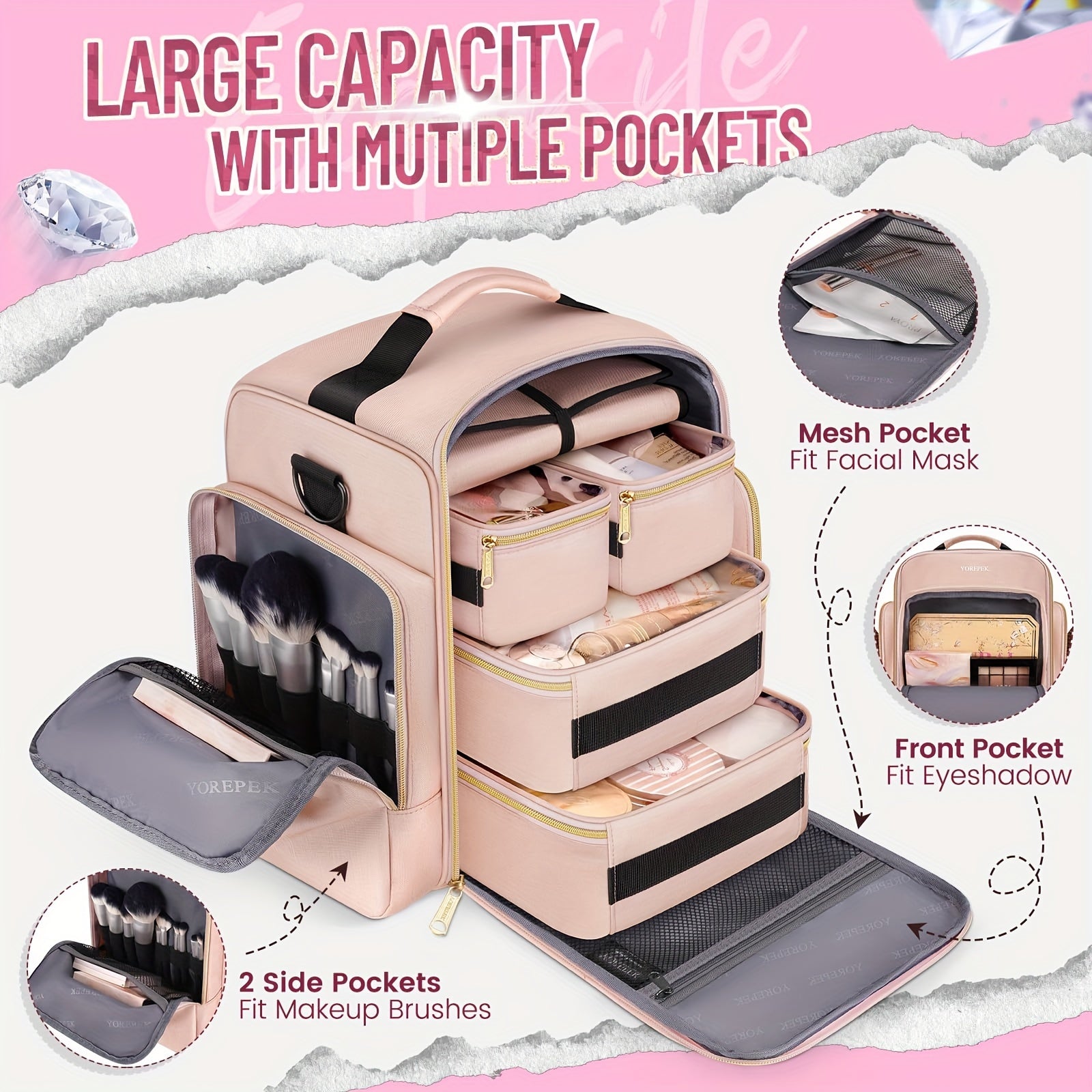 Large Travel Makeup Organizer with 4 Removable Cases & 1 Jewelry Roll - Elegant Pink Cosmetic Bag with Multiple Storage Pockets, Non, Makeup Case, Portable Beauty Essentials Set for Women (No Fragrance), Zipper Closure