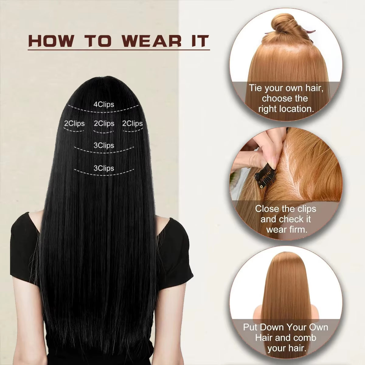 Synthetic 6Pcs/Set Long Straight Hair Extensions Ultra-Invisible Full Head Clip in Hair Extensions 24Inch for Women Daily Wear