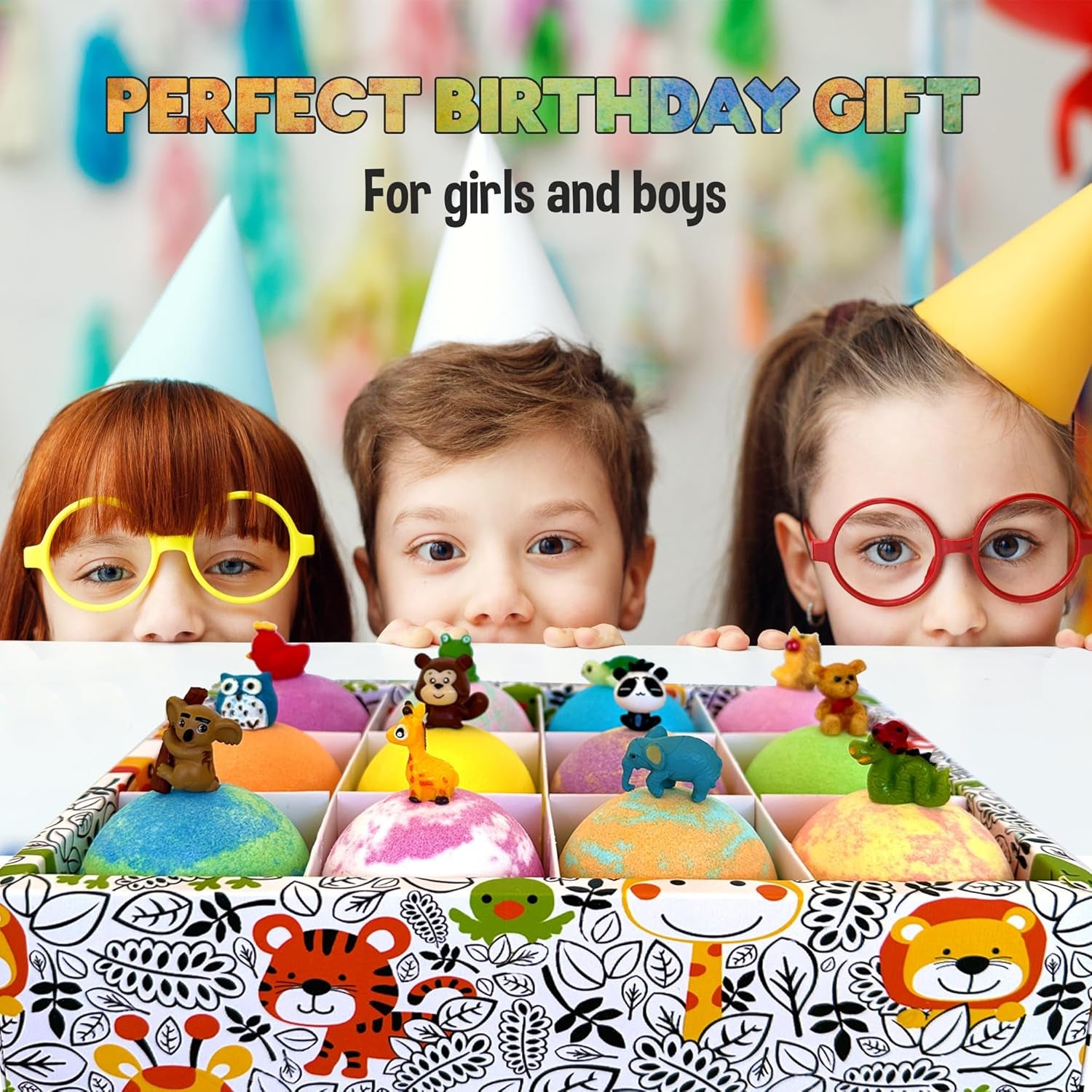 Bath Bombs for Kids with Surprise Inside, 12 Bubble Bath Fizzies with Jungle Animal Toys. Moisturizing, Gentle & Kids Safe, Rainbow Spa Bath Fizz, Birthday Gift Easter Basket Essentials for Boy Girls
