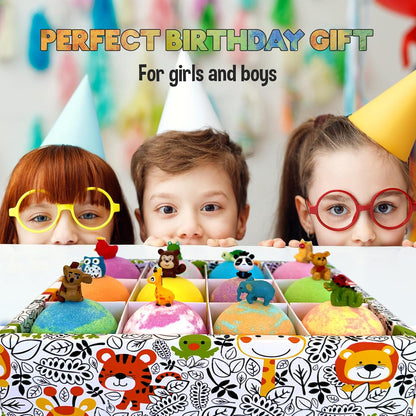 Bath Bombs for Kids with Surprise Inside, 12 Bubble Bath Fizzies with Jungle Animal Toys. Moisturizing, Gentle & Kids Safe, Rainbow Spa Bath Fizz, Birthday Gift Easter Basket Essentials for Boy Girls