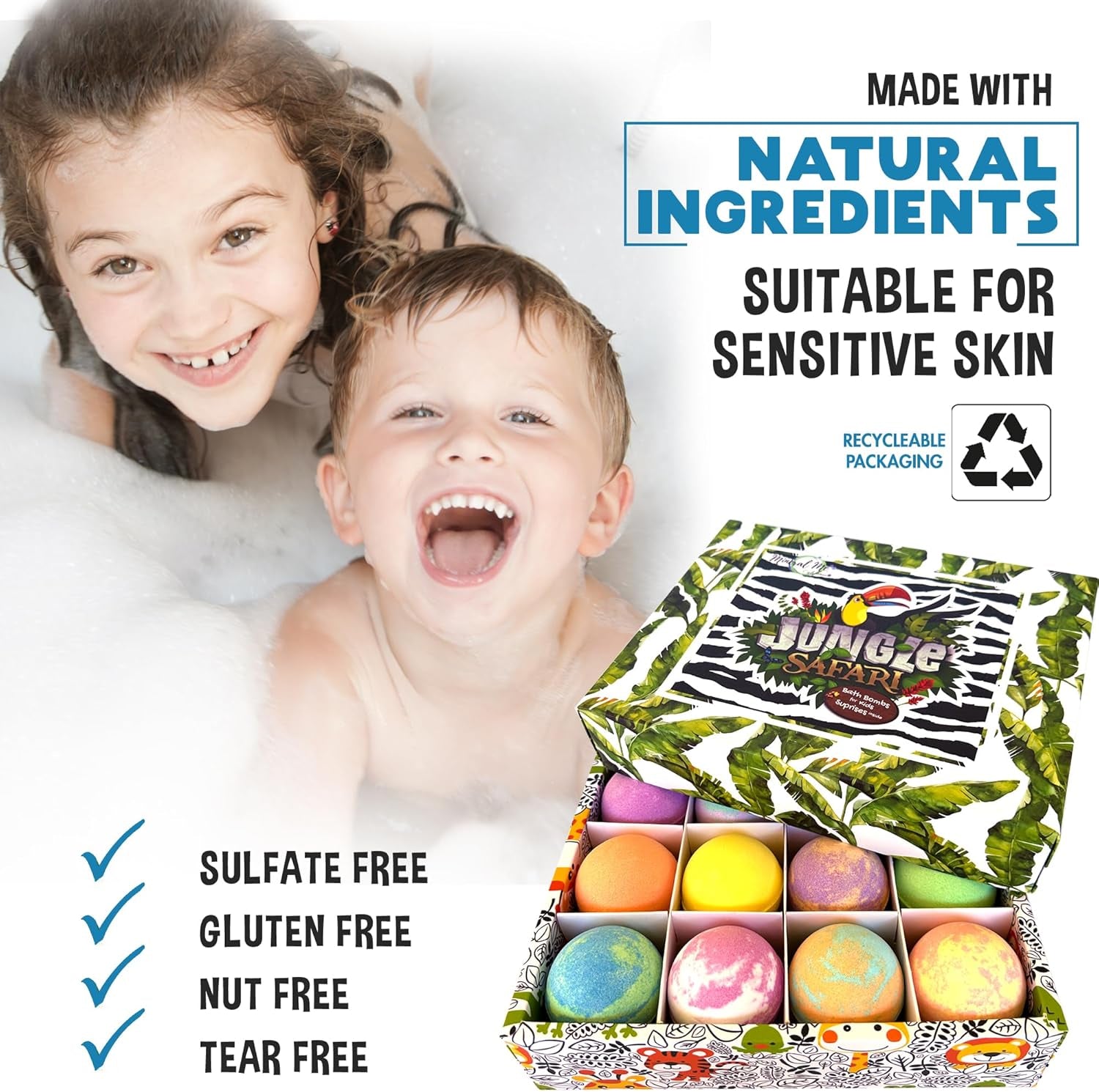 Bath Bombs for Kids with Surprise Inside, 12 Bubble Bath Fizzies with Jungle Animal Toys. Moisturizing, Gentle & Kids Safe, Rainbow Spa Bath Fizz, Birthday Gift Easter Basket Essentials for Boy Girls