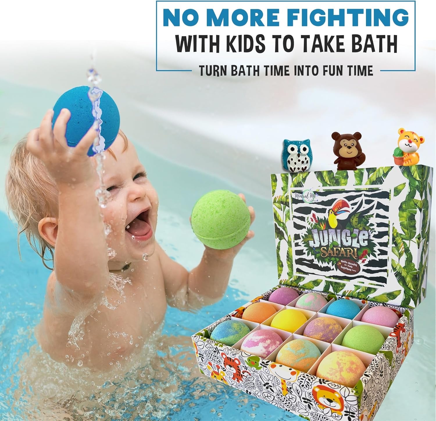 Bath Bombs for Kids with Surprise Inside, 12 Bubble Bath Fizzies with Jungle Animal Toys. Moisturizing, Gentle & Kids Safe, Rainbow Spa Bath Fizz, Birthday Gift Easter Basket Essentials for Boy Girls
