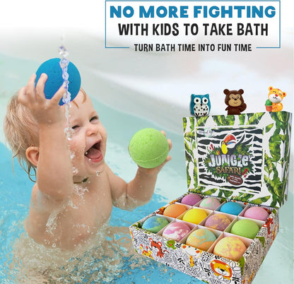 Bath Bombs for Kids with Surprise Inside, 12 Bubble Bath Fizzies with Jungle Animal Toys. Moisturizing, Gentle & Kids Safe, Rainbow Spa Bath Fizz, Birthday Gift Easter Basket Essentials for Boy Girls