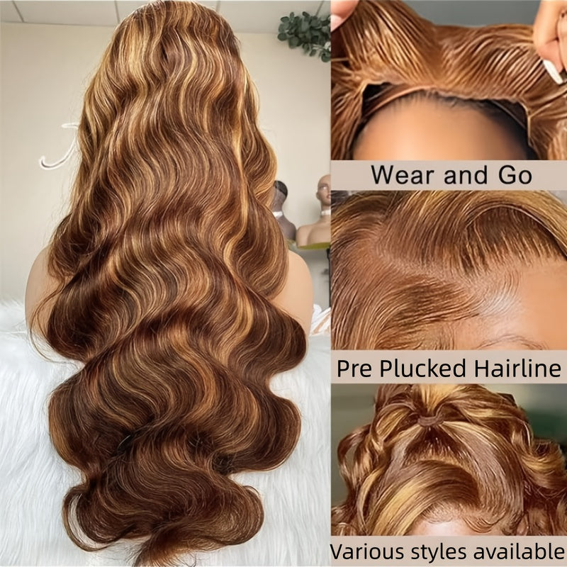 You Been to the Salon - Honey Blonde/Brown Ombre Body Wave/ Straight Hair with 13x6x1 T-Lace, Pre Plucked & Bleached, Invisible Knots (P4/27 Color Match)