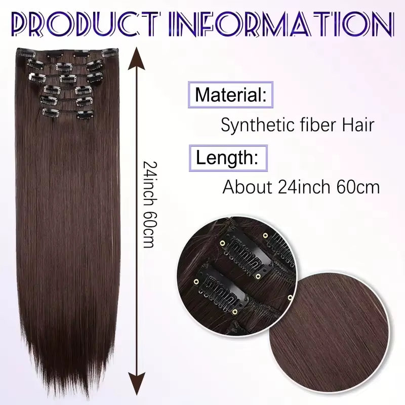 Synthetic 6Pcs/Set Long Straight Hair Extensions Ultra-Invisible Full Head Clip in Hair Extensions 24Inch for Women Daily Wear
