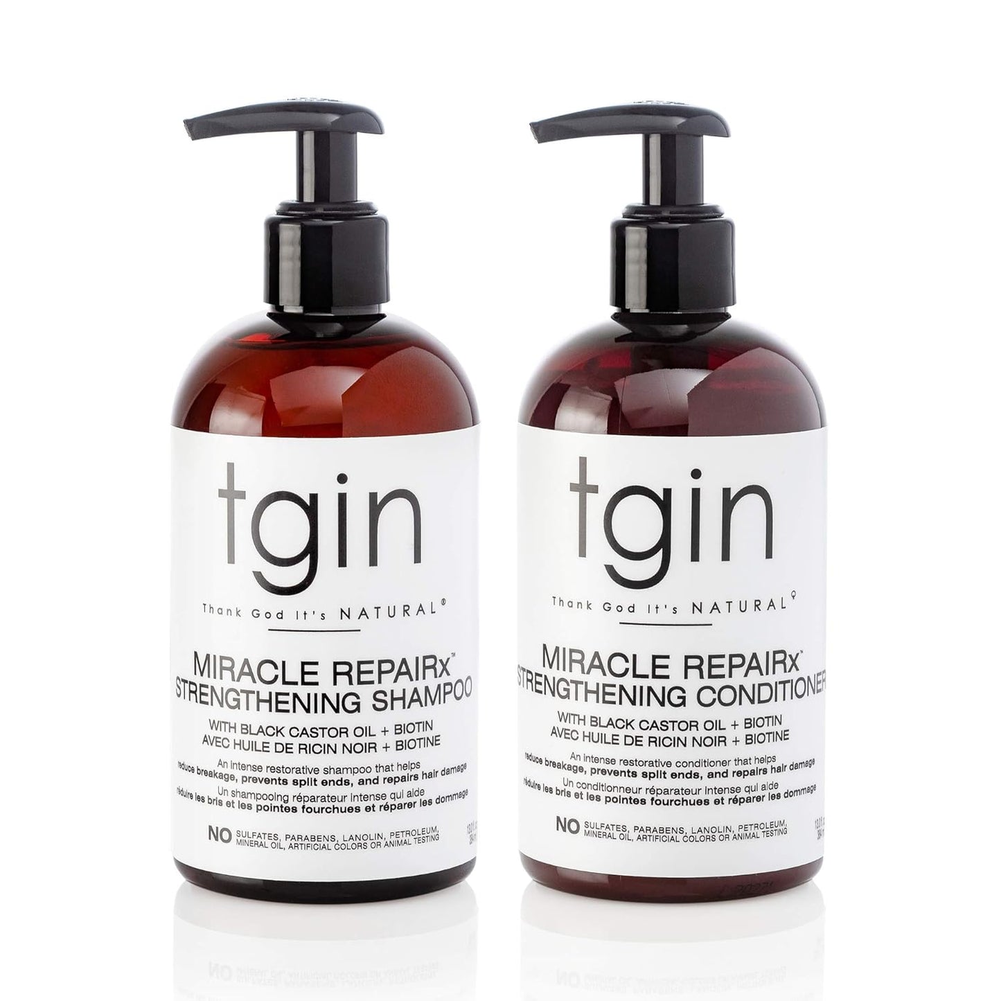 Tgin Miracle Repairx Strengthening Shampoo and Conditioner Duo for Curly, Coily and Wavy Hair, with Biotin and Black Castor Oil, Repairs and Restores Damaged, Color-Treated Hair, 13 Oz (Set)