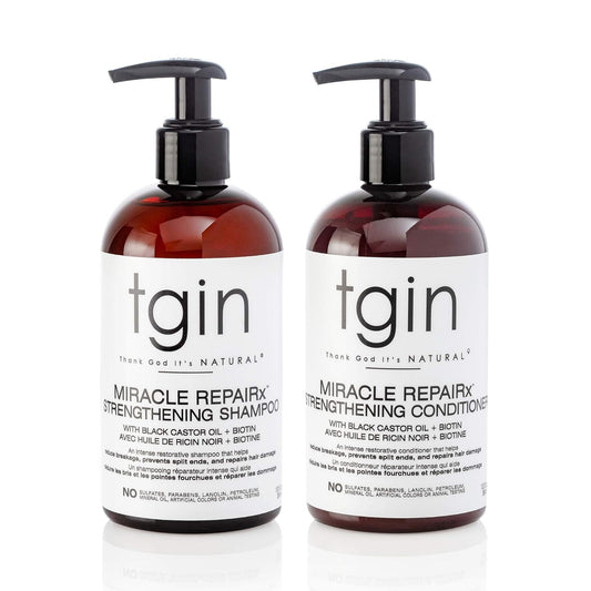 Tgin Miracle Repairx Strengthening Shampoo and Conditioner Duo for Curly, Coily and Wavy Hair, with Biotin and Black Castor Oil, Repairs and Restores Damaged, Color-Treated Hair, 13 Oz (Set)