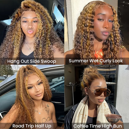 Honey Blonde Ombre Wig P4/27 Highlight Long Deep Wave 28in