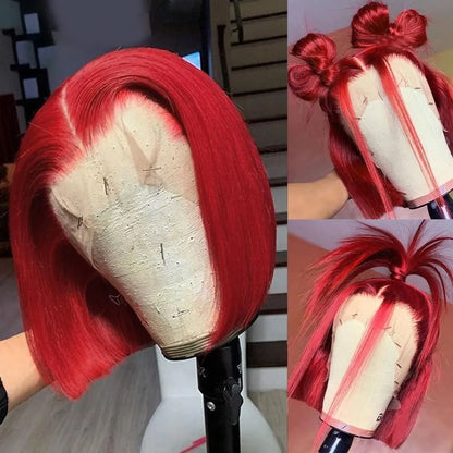 Red Bob Wig Human Hair 13x4 HD Transparent Lace Front Wig Pre Plucked Straight Glueless Wig with Baby Hair for Women