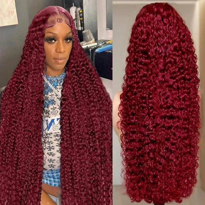 250% Density 99J 13x4 HD Lace Front Human Hair Wigs Burgundy 34Inch Deep Wave Peruvian Curly Glueless Lace Frontal Closure Wigs