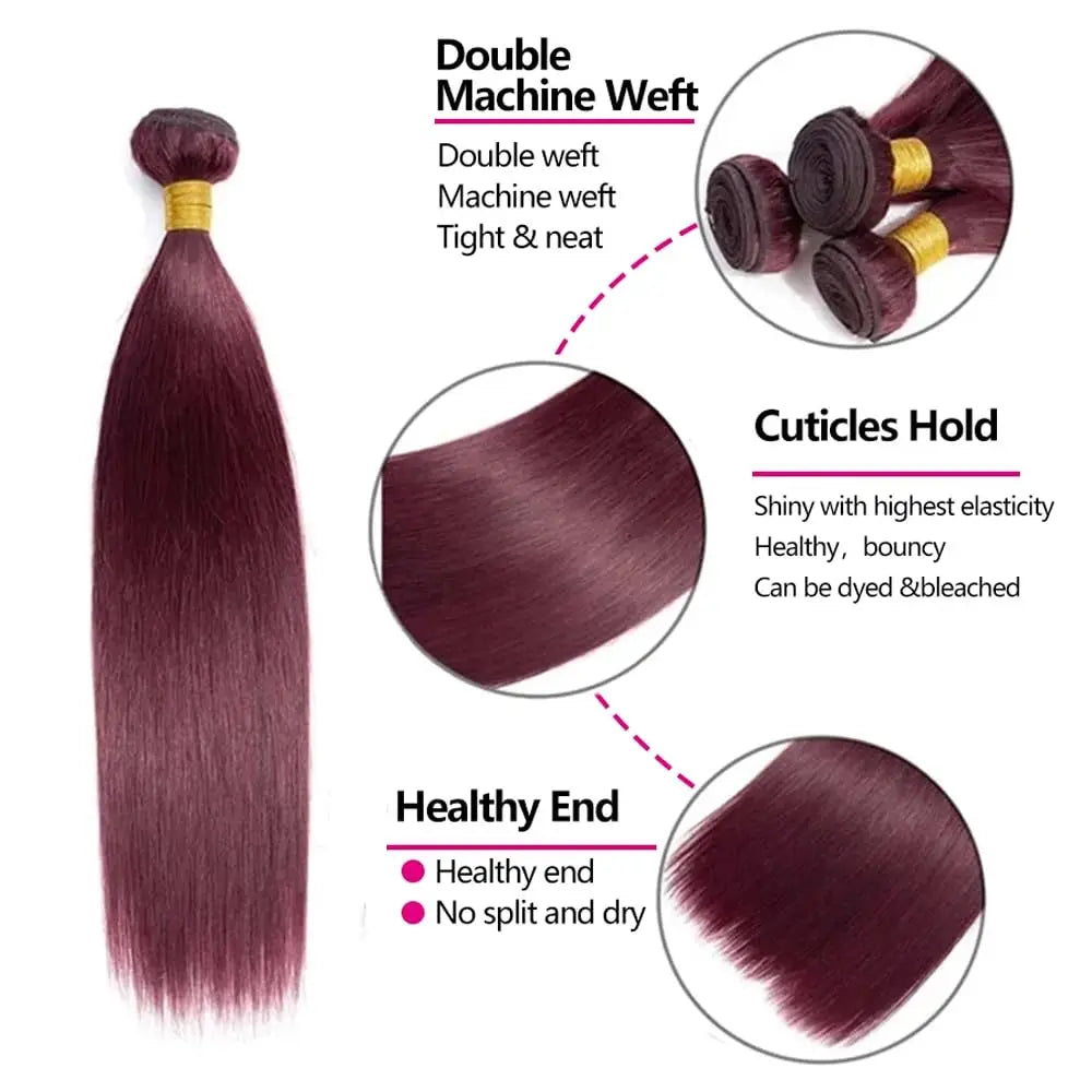 99J Human Hair Bundles Red Bundles Burgundy Straight Human Hair Bundles Grade 12A Remy Hair 3 Bundles Wine Red Straight Bundles