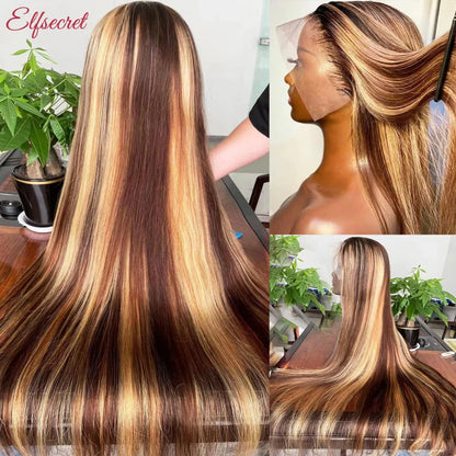 34Inch Bone Straight Highlight Lace Front 13x6 Honey Blonde