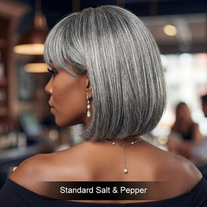 Brazilian Gray Salt and Pepper Short Straight Bob 100% Human Hair Wigs For Women Remy Hair Full Machine Made Mom 10" Wigs