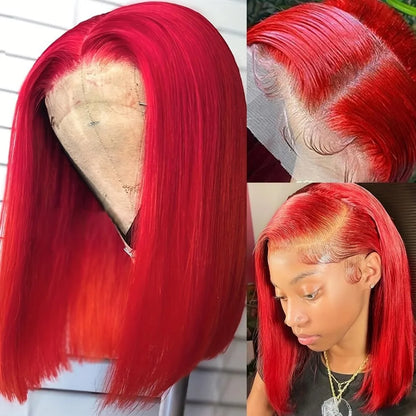 Red Bob Wig Human Hair 13x4 HD Transparent Lace Front Wig Pre Plucked Straight Glueless Wig with Baby Hair for Women
