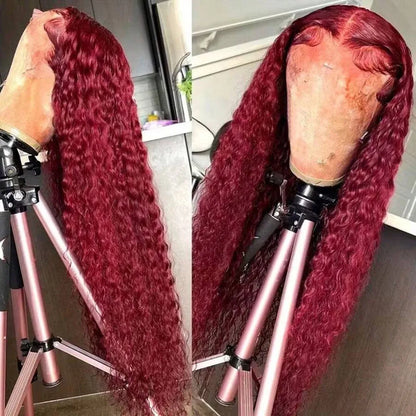 250% Density 99J 13x4 HD Lace Front Human Hair Wigs Burgundy 34Inch Deep Wave Peruvian Curly Glueless Lace Frontal Closure Wigs