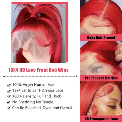 Red Bob Wig Human Hair 13x4 HD Transparent Lace Front Wig Pre Plucked Straight Glueless Wig with Baby Hair for Women