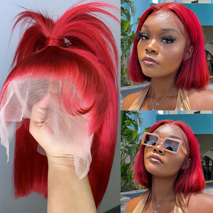 Red Bob Wig Human Hair 13x4 HD Transparent Lace Front Wig Pre Plucked Straight Glueless Wig with Baby Hair for Women