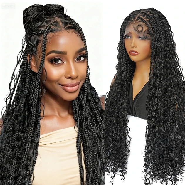 Natural Black Full Lace Synthetic Wig with Triangle Knotless Braided Black Women's Natural Wave Boho Braid Wigs