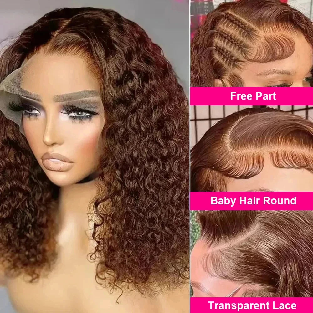 Brown Kinky Curly Short Bob Wig 13x4 Bob Wigs Brazilian Water Deep Wave Human Hair Wig Preplucked for Woman Short Pixie #4 Color