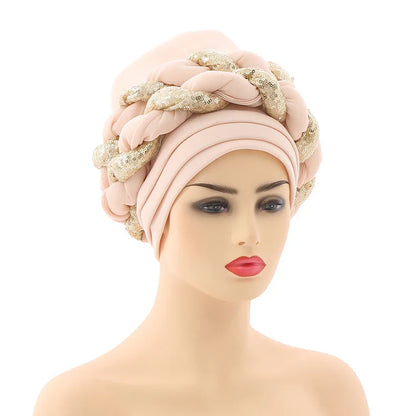 New Wholesale Custom Muslim Hijab Headscarf Big Sequin Braid Head Wrap Turban Cap Hat for Women Headwrap African Turban Hats