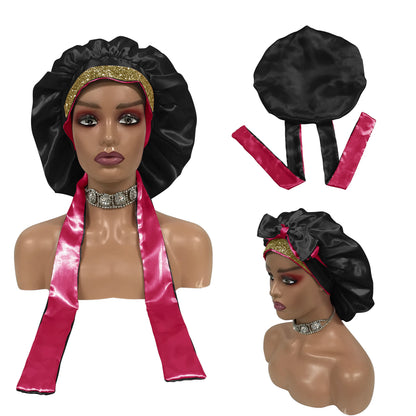 Luxury Design Customize logo Satin Head Wrap and Bonnets Glitter Tie Band Hair Bonnet