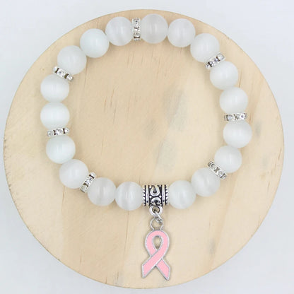 10PCS Lot New Breast Cancer Awareness Jewelry White Pink Opal Beaded Bracelet Breast Cancer Pink Ribbon Charm Bracelets&Bangles