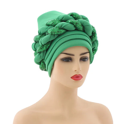 New Wholesale Custom Muslim Hijab Headscarf Big Sequin Braid Head Wrap Turban Cap Hat for Women Headwrap African Turban Hats