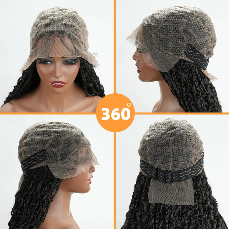Natural Black Full Lace Synthetic Wig with Triangle Knotless Braided Black Women's Natural Wave Boho Braid Wigs