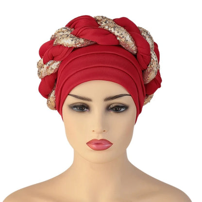 New Wholesale Custom Muslim Hijab Headscarf Big Sequin Braid Head Wrap Turban Cap Hat for Women Headwrap African Turban Hats