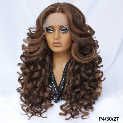 Wholesale Mixed Color HD Frontal Lace Synthetic Hair Wigs Curly Wave Black Brown for Daily Use for Black Women