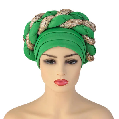 New Wholesale Custom Muslim Hijab Headscarf Big Sequin Braid Head Wrap Turban Cap Hat for Women Headwrap African Turban Hats