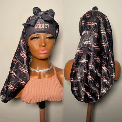 Pink Wholesale Black Satin Long Hair Bonnet with Head Wrap Long Tie Edge Band Silk Bonnet Night Sleep Hat for Braid