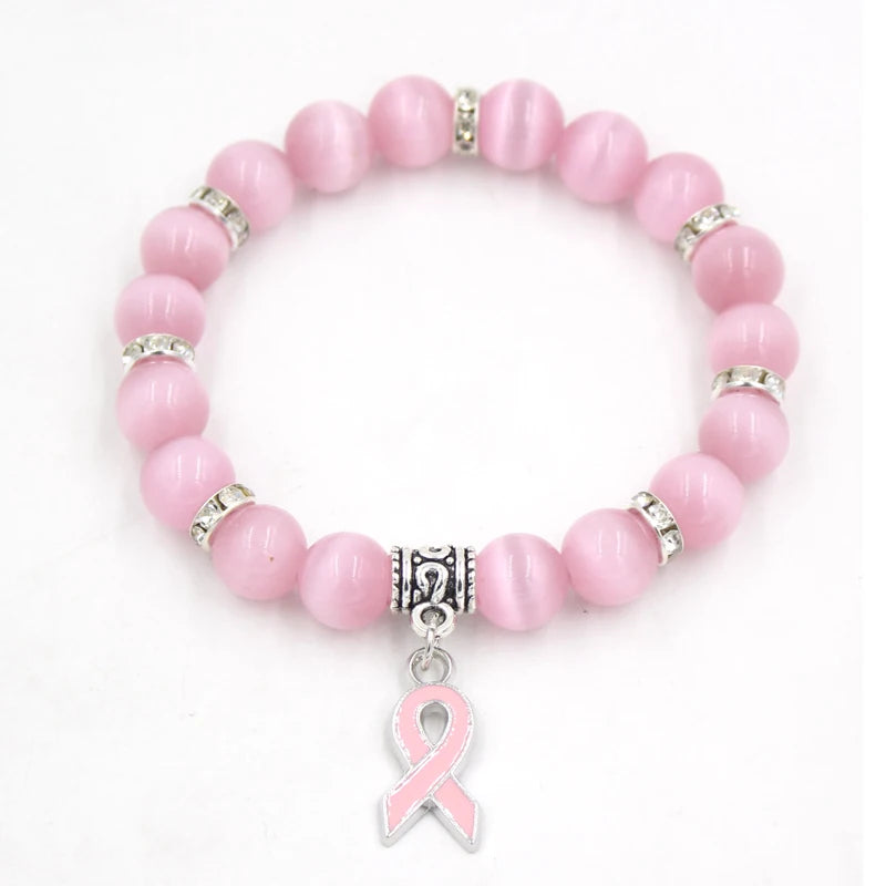 10PCS Lot New Breast Cancer Awareness Jewelry White Pink Opal Beaded Bracelet Breast Cancer Pink Ribbon Charm Bracelets&Bangles